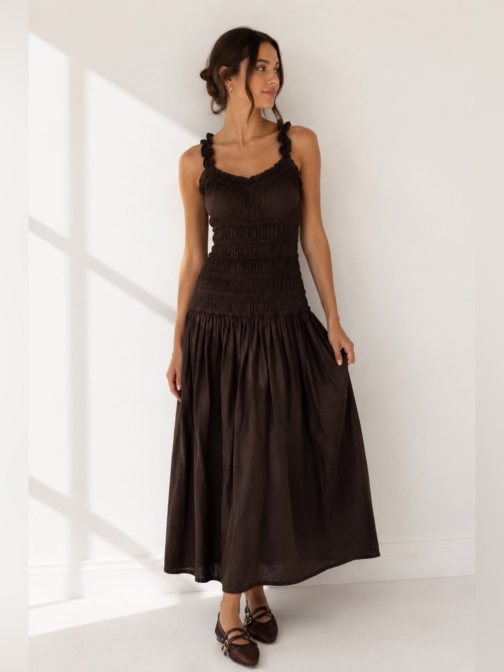 Stunning 🤎 Caroline Constas 100% Cotton Chocolate Brown Smocked Dress!